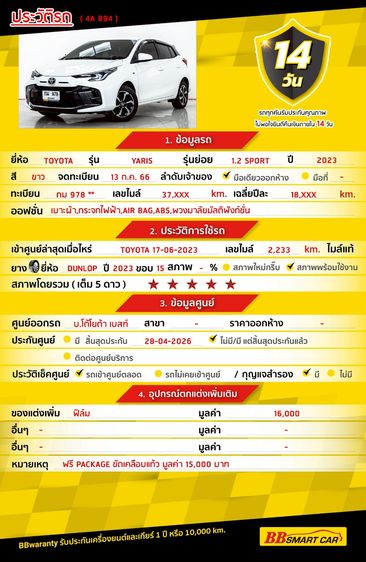 Toyota Yaris 2023.0 มือสอง เบนซิน ไมล์ ไม่เคยชน เครดิตดีออกรถ 0 บาท - Image 2